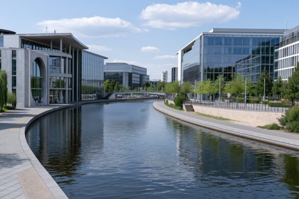 The German government quarter in Berlin under a bright summer sky, seen from across the river.