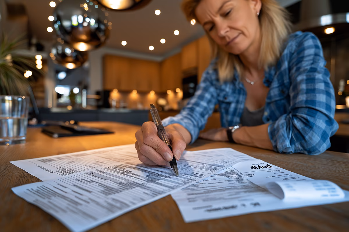 A worker reviewing a payslip at a kitchen table in a modest German home.