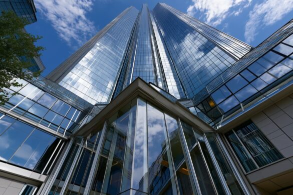A modern glass bank tower in a German financial district under a clear sky.