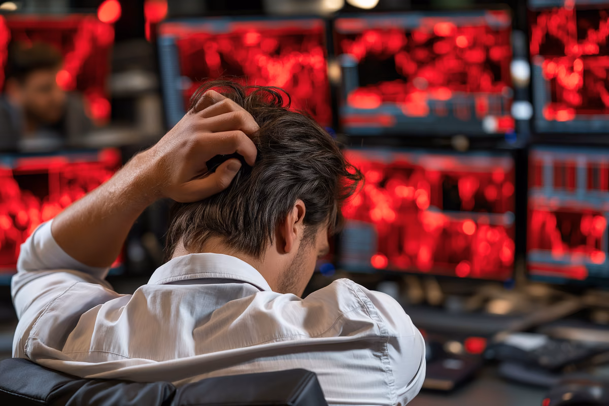 A private investor in Germany reviews an ETF savings plan on a laptop while market charts show falling prices.