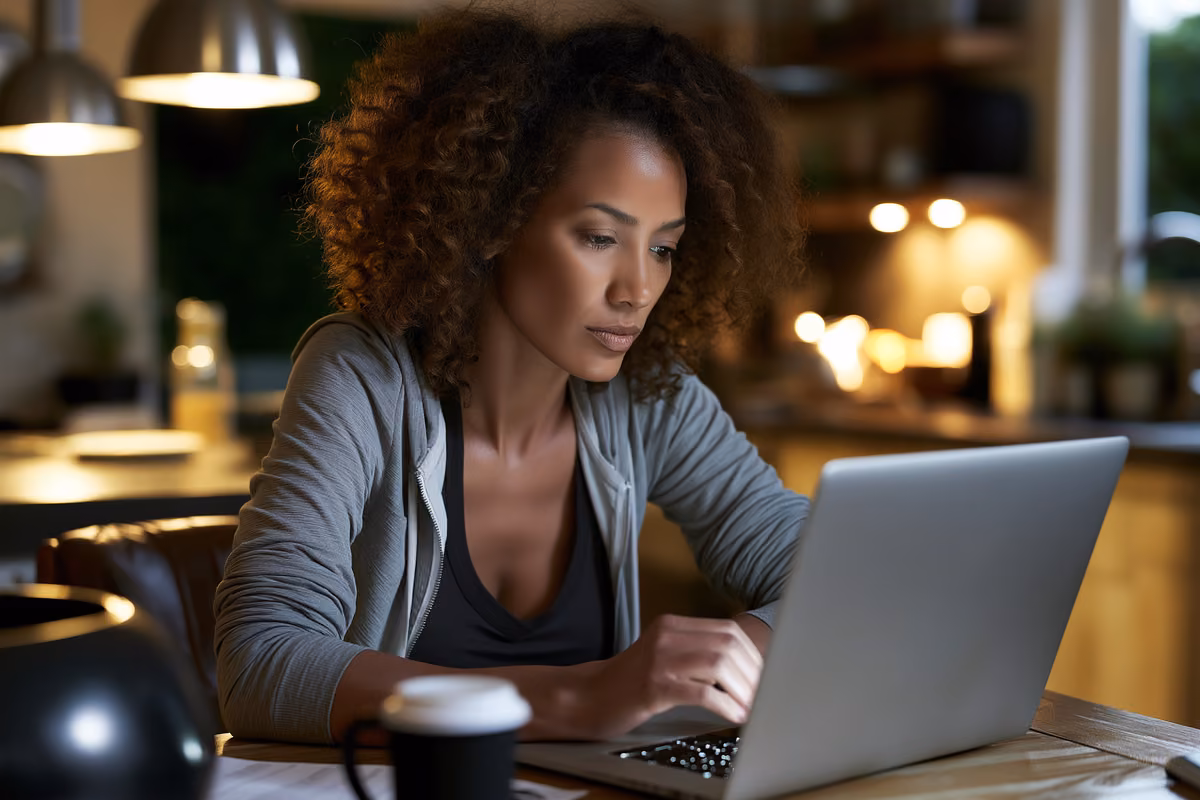 A person reviews an investment portfolio on a laptop at a kitchen table in soft morning light.