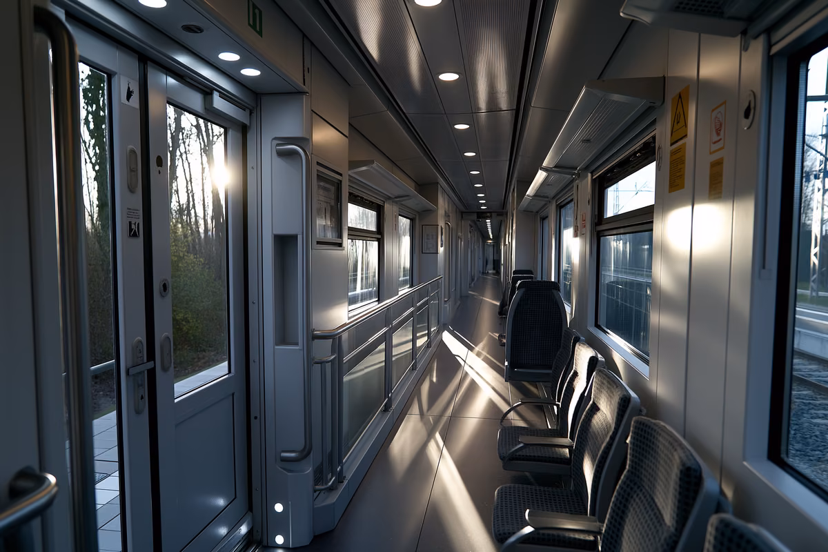 The interior corridor of a German regional train with an open door area and safety railing in evening light