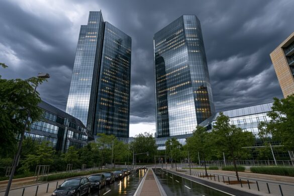 The twin glass towers of a Frankfurt bank headquarters loom under dark clouds after the Deutsche Bank raid