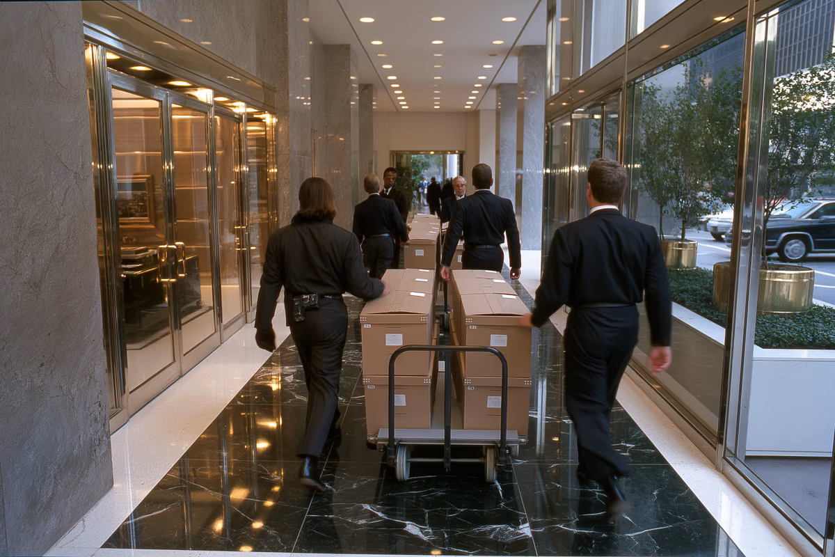 Officials in plain suits wheel unmarked file boxes on a dolly across a polished bank lobby of marble and glass