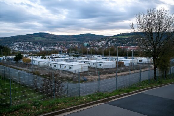 A fenced accommodation compound with container buildings on the edge of a German city.