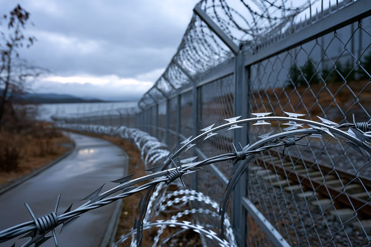 A metal security fence topped with wire seen against a grey sky.