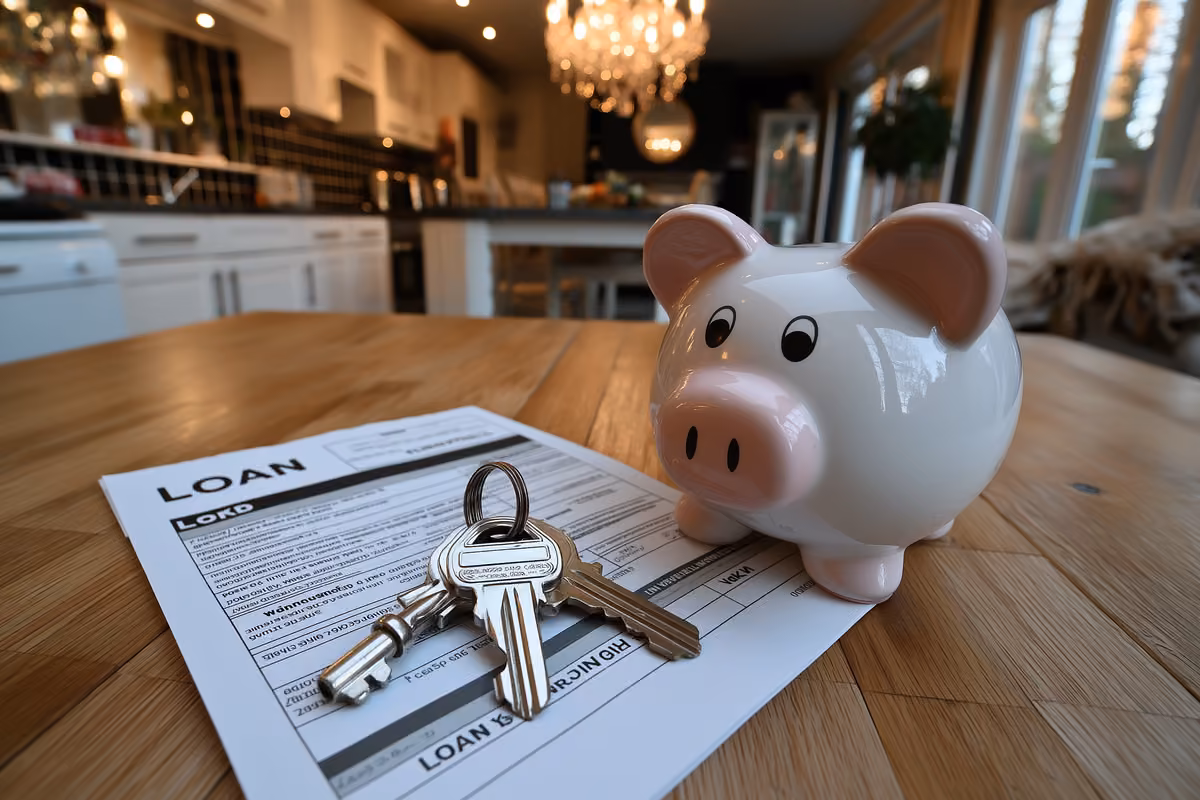 A person in Germany reviewing bank loan and mortgage documents at a desk.