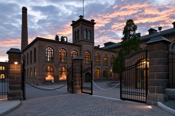 A historic brewery building with copper kettles visible through arched windows stands behind chained gates at sunset, marking the end of the Eichbaum brewery