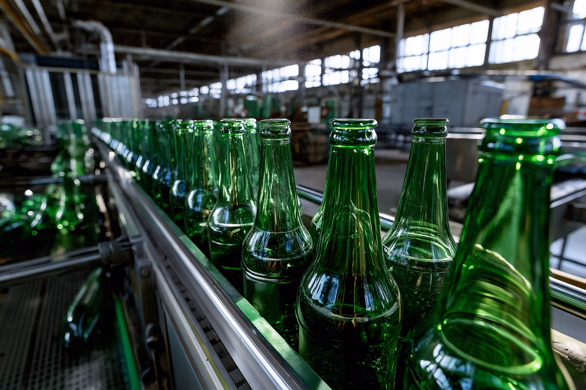 Rows of empty green beer bottles stand on a stopped conveyor line in a dim bottling hall