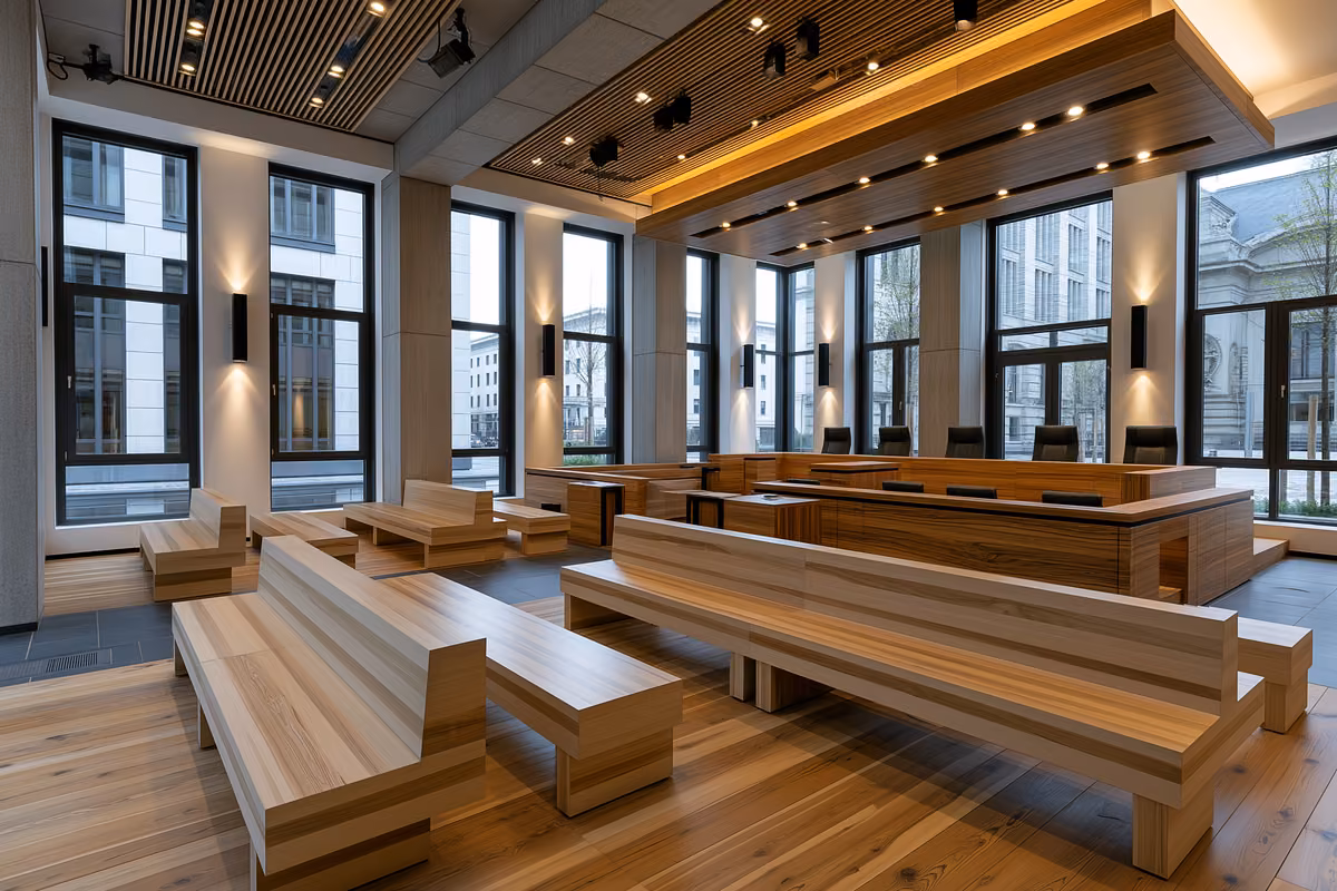 An empty modern courtroom with wooden benches and tall windows.