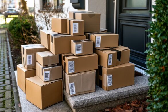 A smartphone showing an online marketplace app next to a stack of delivered parcels on a table