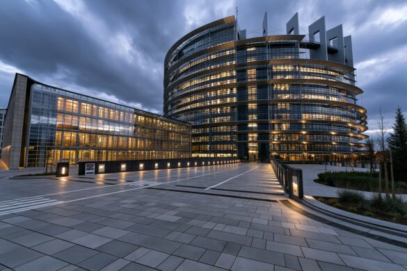 Das Berlaymont-Gebäude der Europäischen Kommission in Brüssel mit EU-Flaggen im Außenbereich.