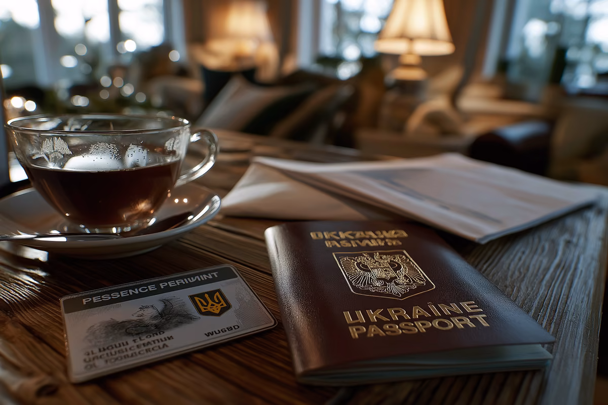 A residence permit card and a Ukrainian passport lying side by side on a table in a German home