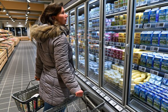 A shopper compares food prices on supermarket shelves in Germany, holding a receipt in front of dairy products and eggs.