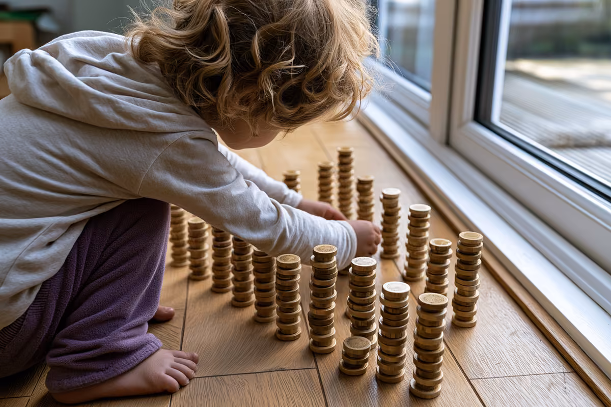 A piggy bank next to a small stack of euro coins on a wooden desk
