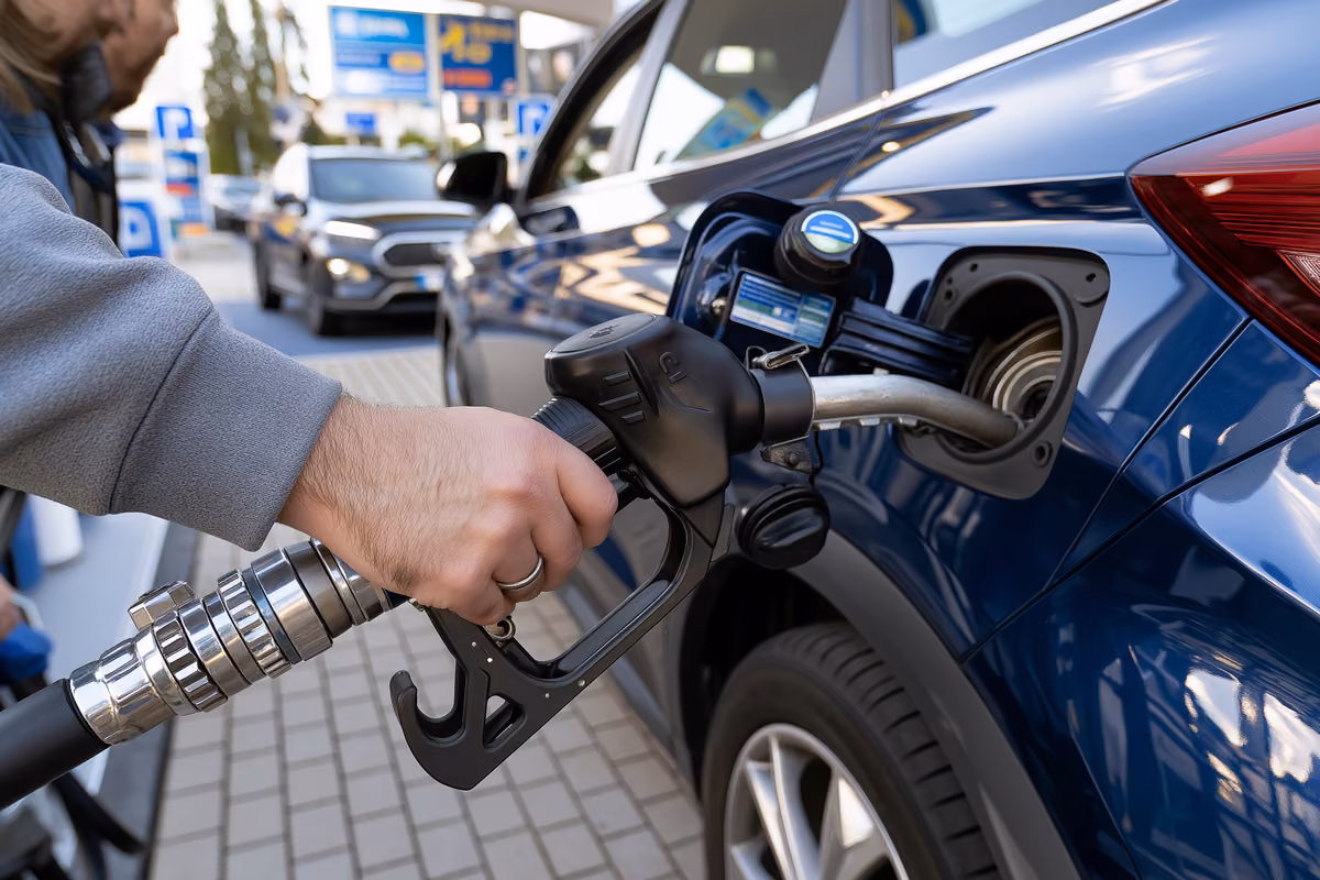 A driver holding a fuel nozzle while refuelling a car at a station.