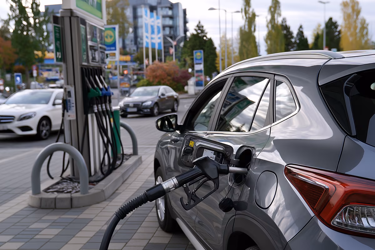 A fuel pump nozzle resting in a car at a German petrol station on an overcast day.