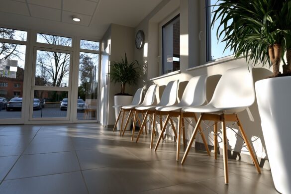 A closed medical practice reception desk in Germany bathed in early morning light.