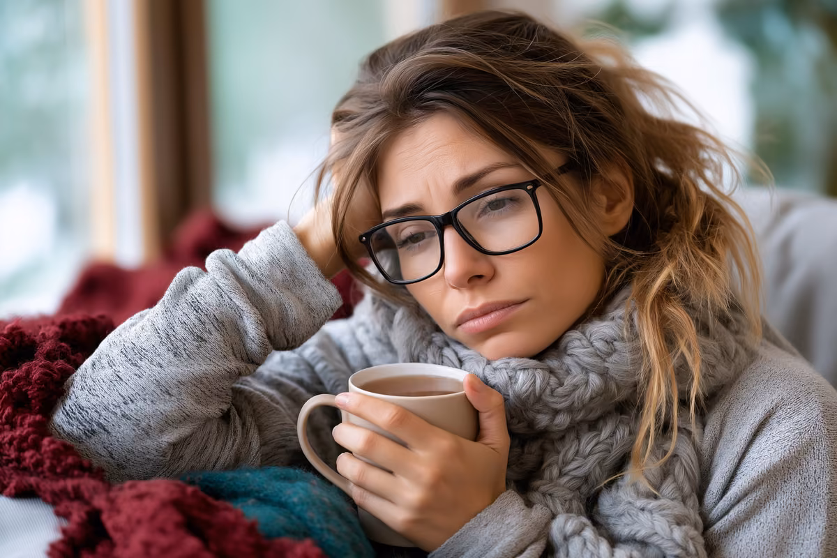 An office worker sitting at home with a warm drink, looking tired and unwell.