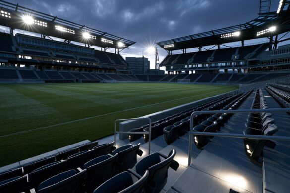 An empty football stadium at dusk with floodlights and vacant stands.