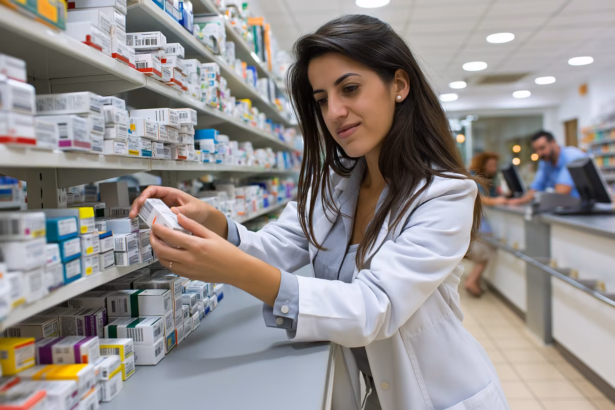 A pharmacist arranges medicine boxes on a shelf behind a counter in a bright German pharmacy.