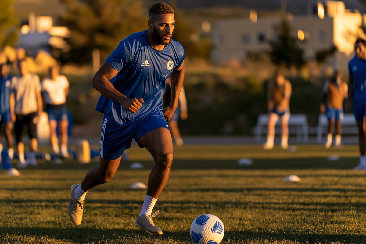 A left-footed player in an unbranded blue training kit sprints down the wing with the ball in low golden light