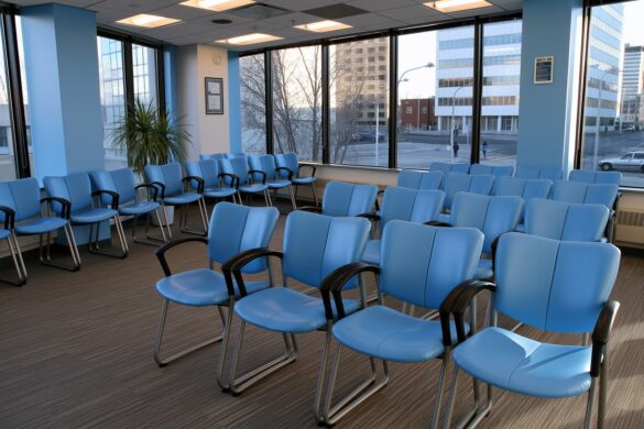 A quiet public office waiting area with rows of empty chairs and a service counter.
