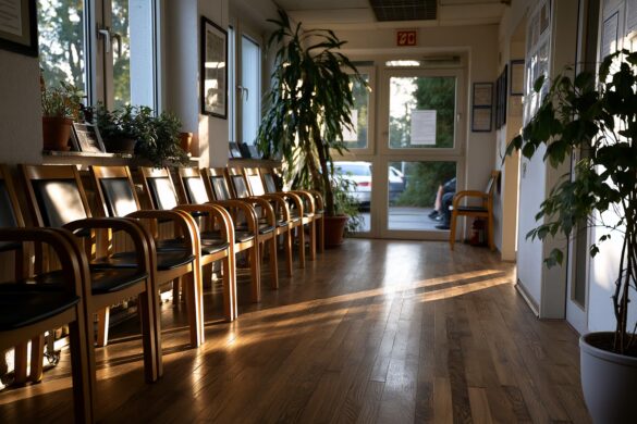 Empty reception desk in a German family doctor practice with waiting room chairs