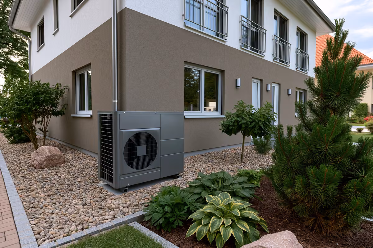 A modern heat pump unit installed outside a German residential house.