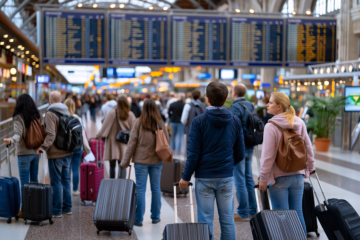 Travelers with rolling suitcases on a busy German station concourse beneath a large departure board