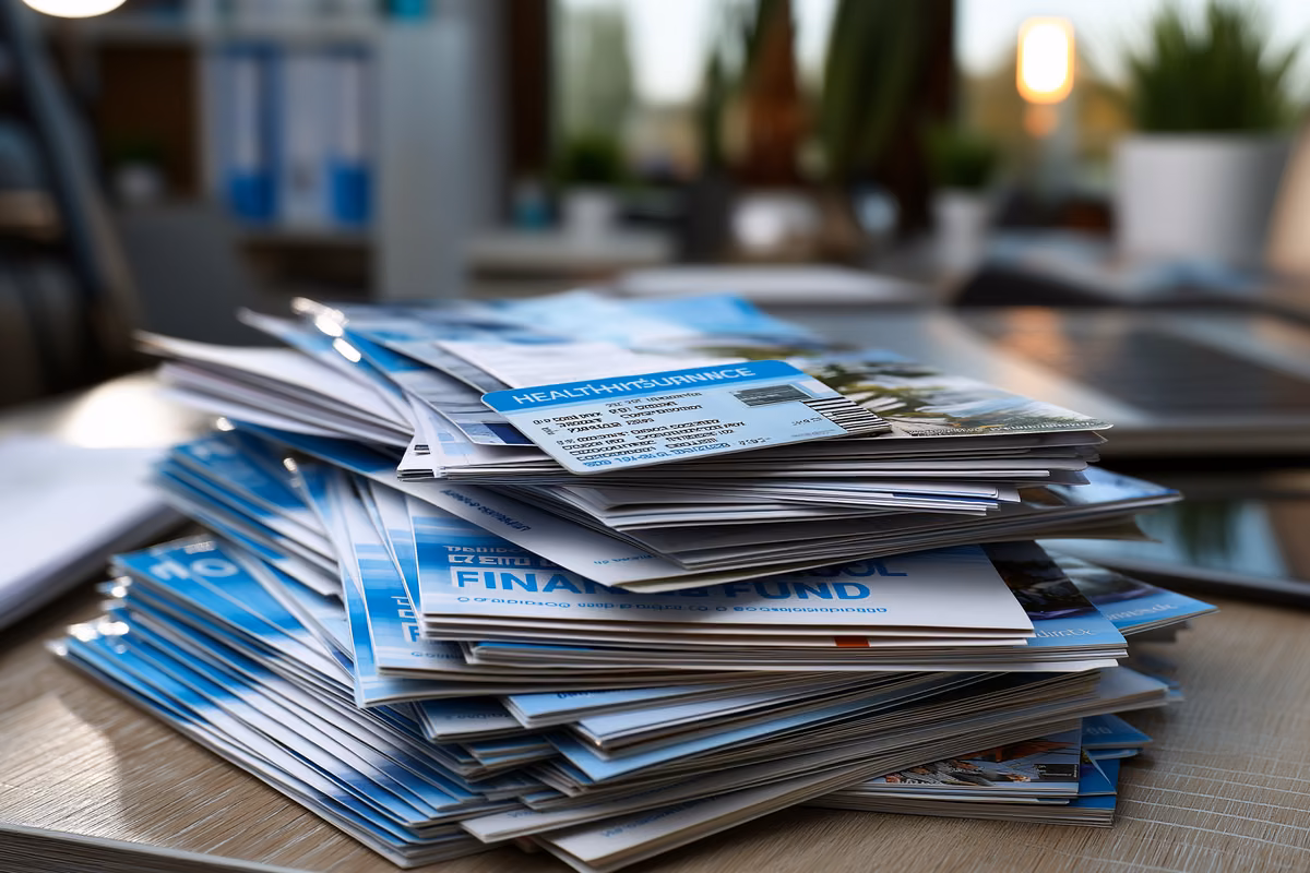 A German health insurance card lying on a pile of investment fund brochures on an office desk, where contribution money met risky property funds.