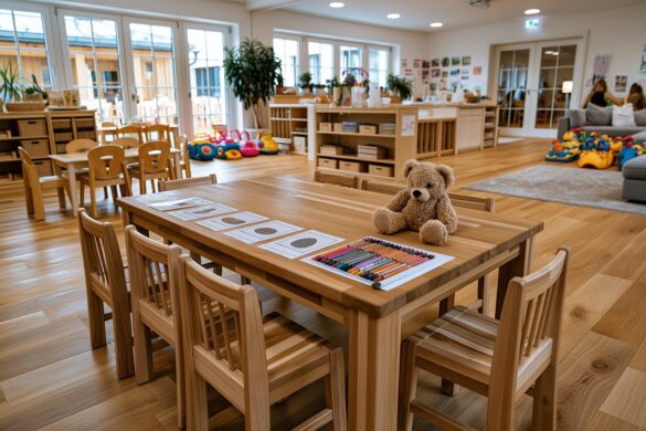 Picture cards with simple objects lie on a kindergarten table beside crayons and a teddy bear, the kind of materials used in early language tests