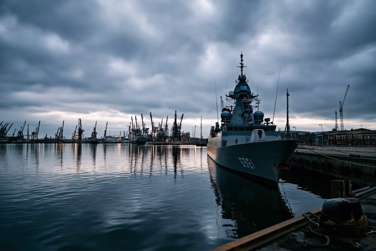 A grey naval dockyard under an overcast sky suggesting defense investment.