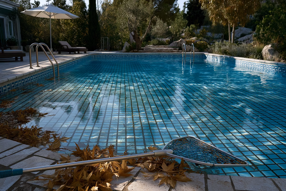 A half-drained private backyard pool with a leaf skimmer resting on the sun-heated tiles