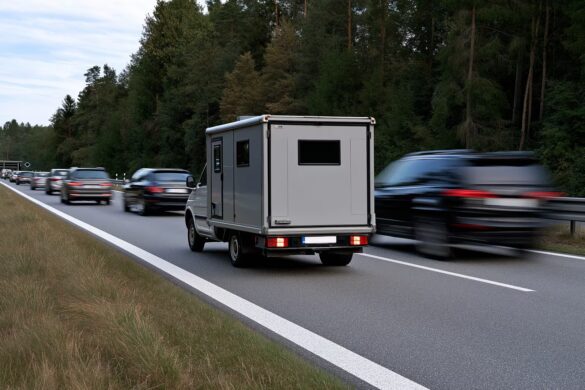 Egy mobil sebességmérő kamera, amelyet egy iskolaövezet közelében helyeztek el az út szélén egy német városban.