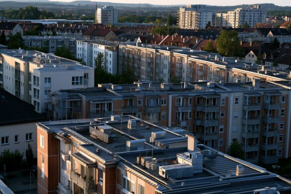 Rooftops and heating vents on residential apartment buildings in a German city under warm afternoon light.