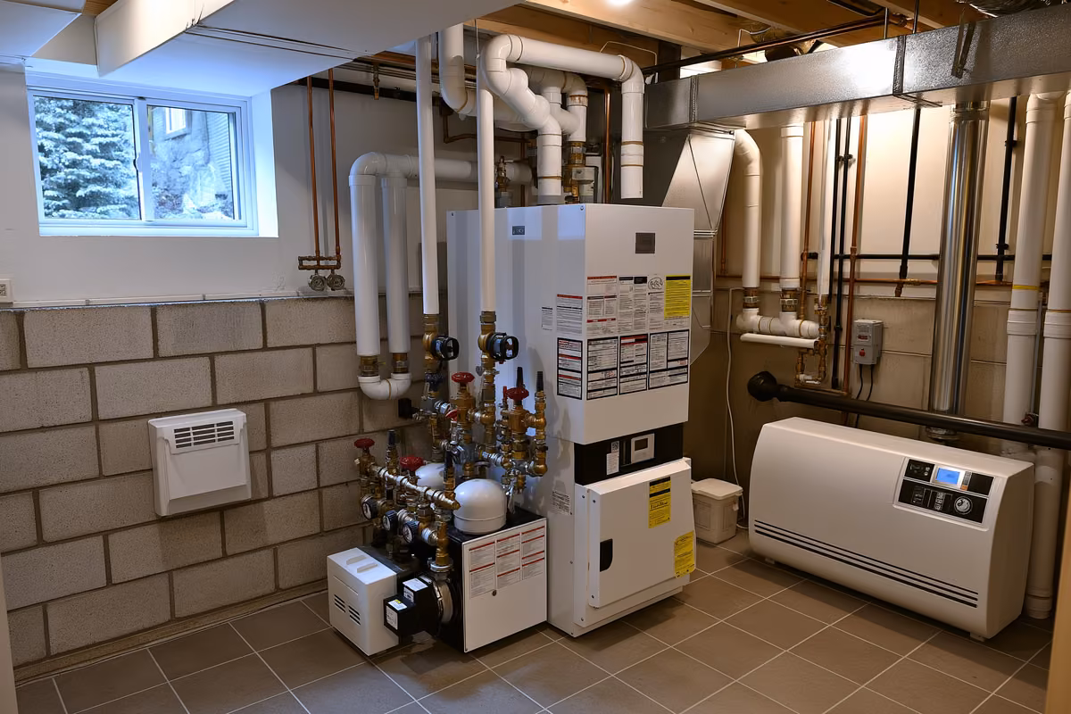 A gas heating boiler with pipes and valves in a residential basement utility room.