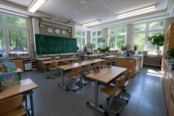 A bright primary classroom with letter shapes on a green chalkboard, ready for the new ABC language classes in NRW.