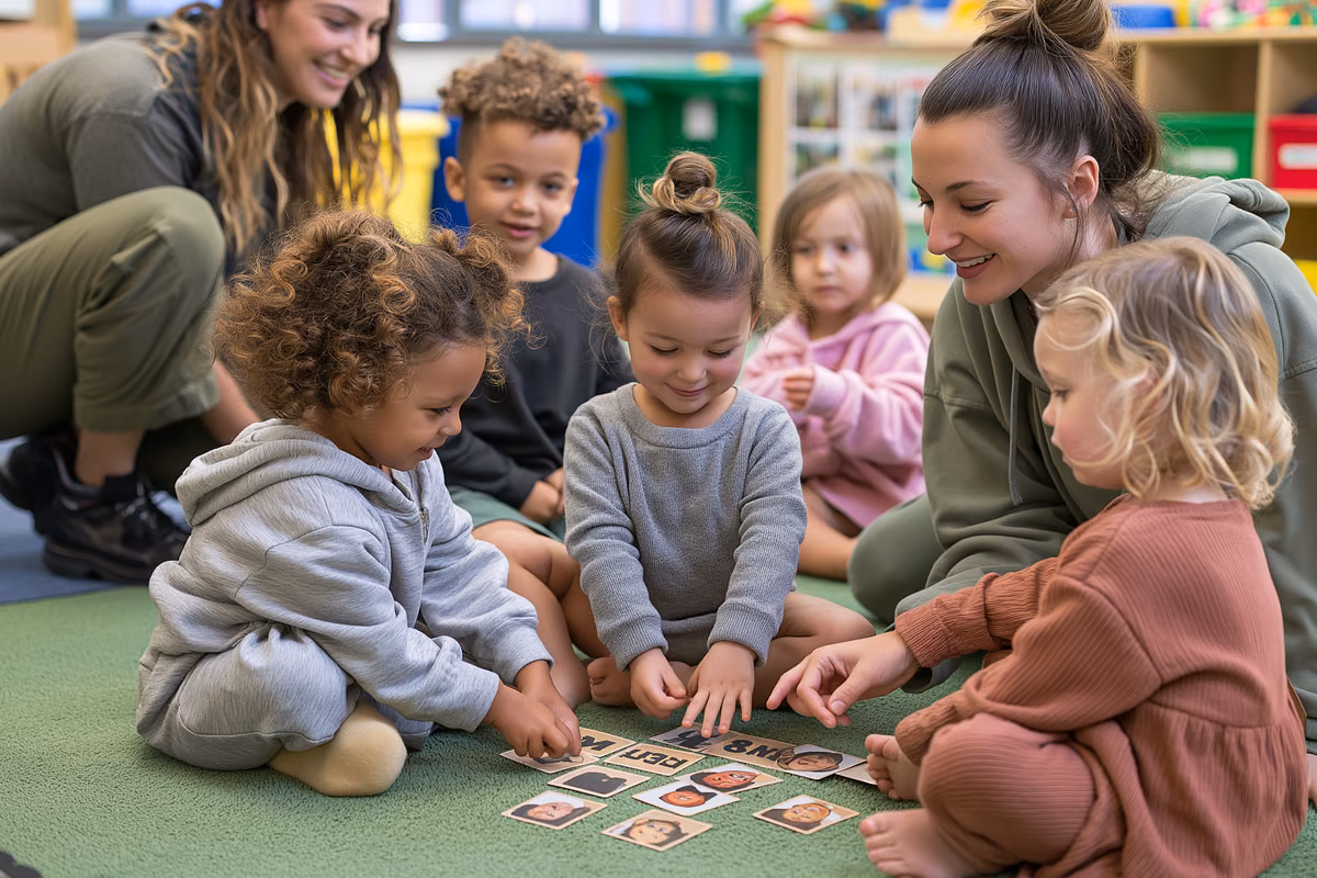Young children play a word-matching card game on a classroom carpet while a teacher supports their German practice.