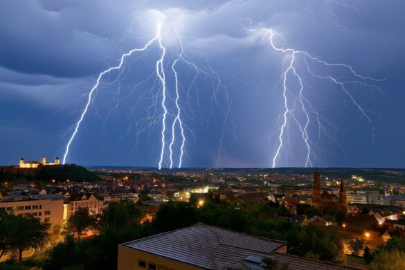 A dramatic Nuremberg storm cell with lightning over the city's castle and church towers as a curtain of rain approaches.