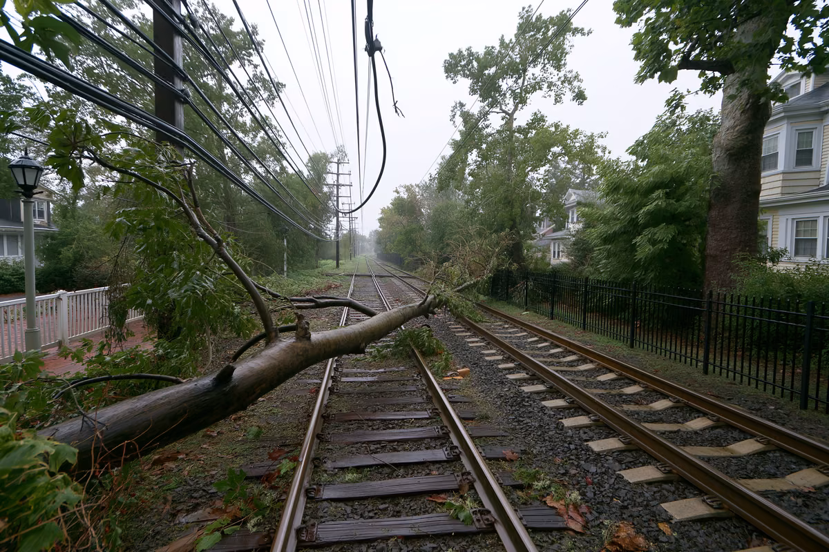 A fallen branch lies across suburban rail tracks under a damaged overhead wire after the storm in Franconia.