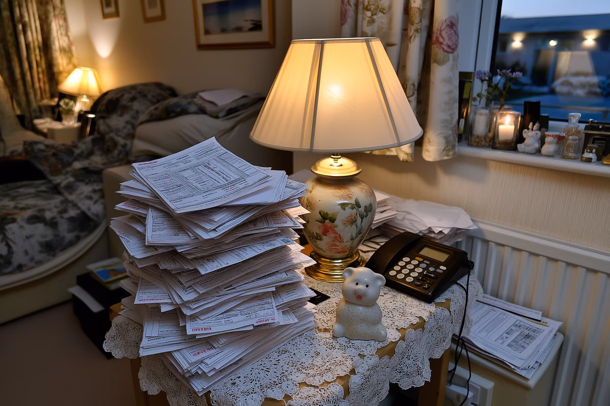 A stack of monthly invoices lies beside a porcelain figurine on a side table in a care home room, showing the growing bills residents face