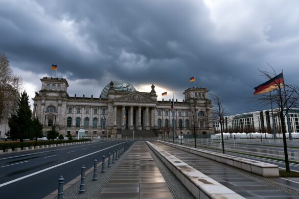 The Reichstag building in Berlin under heavy grey clouds, reflecting the tense mood captured by the latest Politbarometer poll