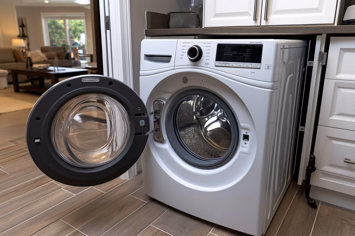 A household washing machine with its front panel opened for servicing.