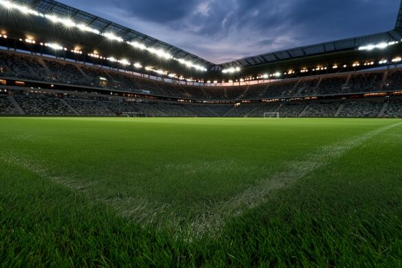 Uno stadio di calcio illuminato a giorno al crepuscolo, prima di una partita serale.