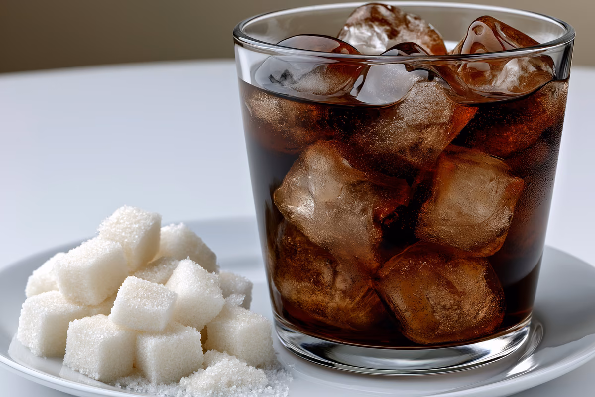 A glass of cola with ice next to a small pile of white sugar cubes on a white table, showing the sugar content behind the tax debate.