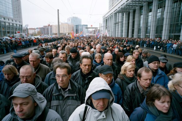 A large crowd of demonstrators filling a city street on an overcast day in an eastern German city.