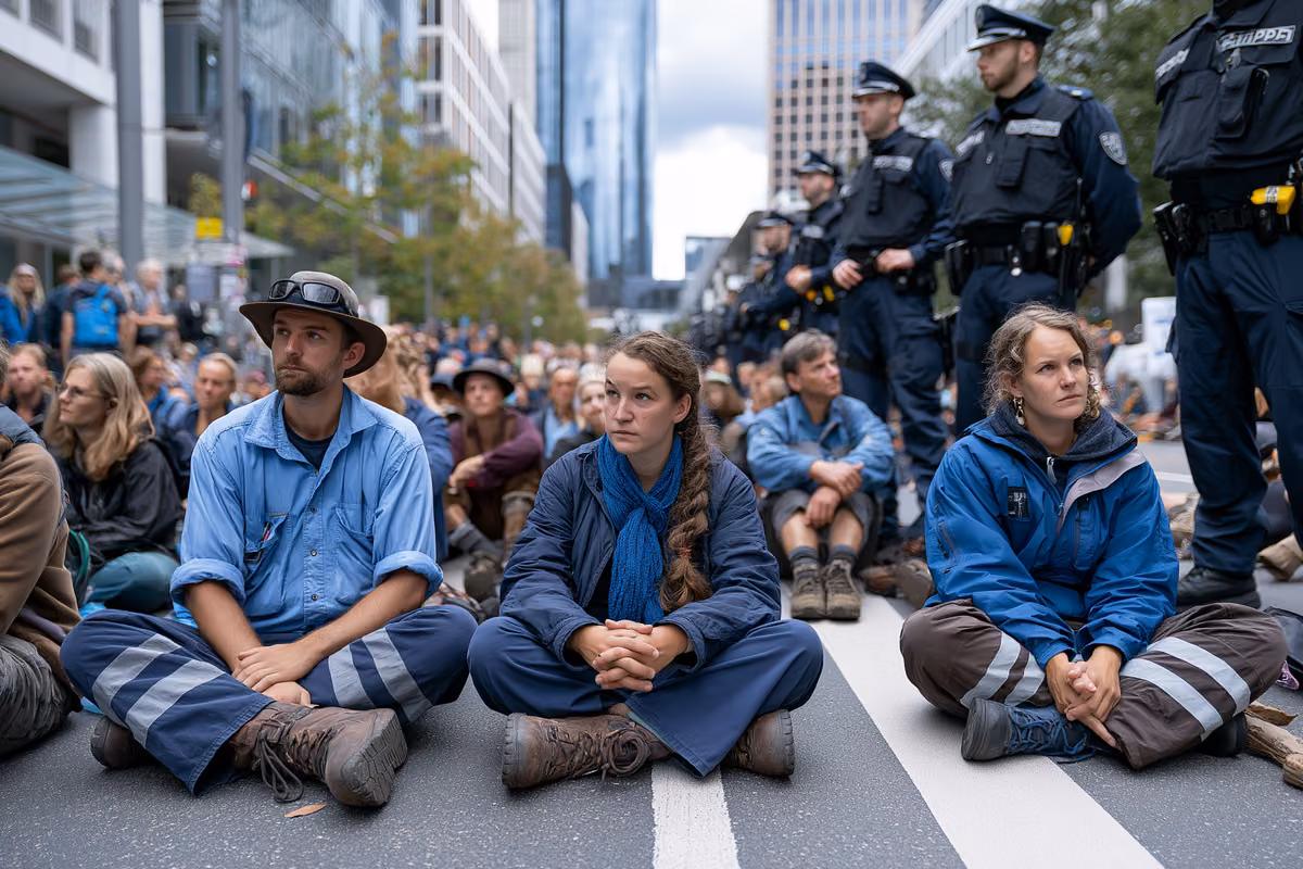 Protesters sitting in a road blockade with police officers standing nearby in a German city.