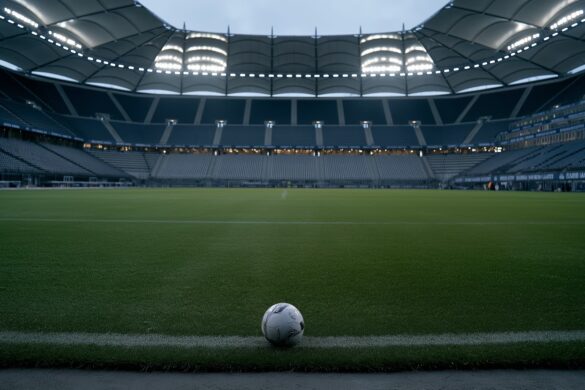 An empty Hamburg football stadium at dusk with floodlights on and a lone ball on the center spot after Vuskovic leaves HSV.
