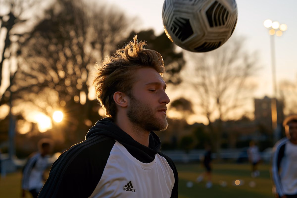 A young defender in plain training kit heads a ball alone on a training pitch at golden hour.